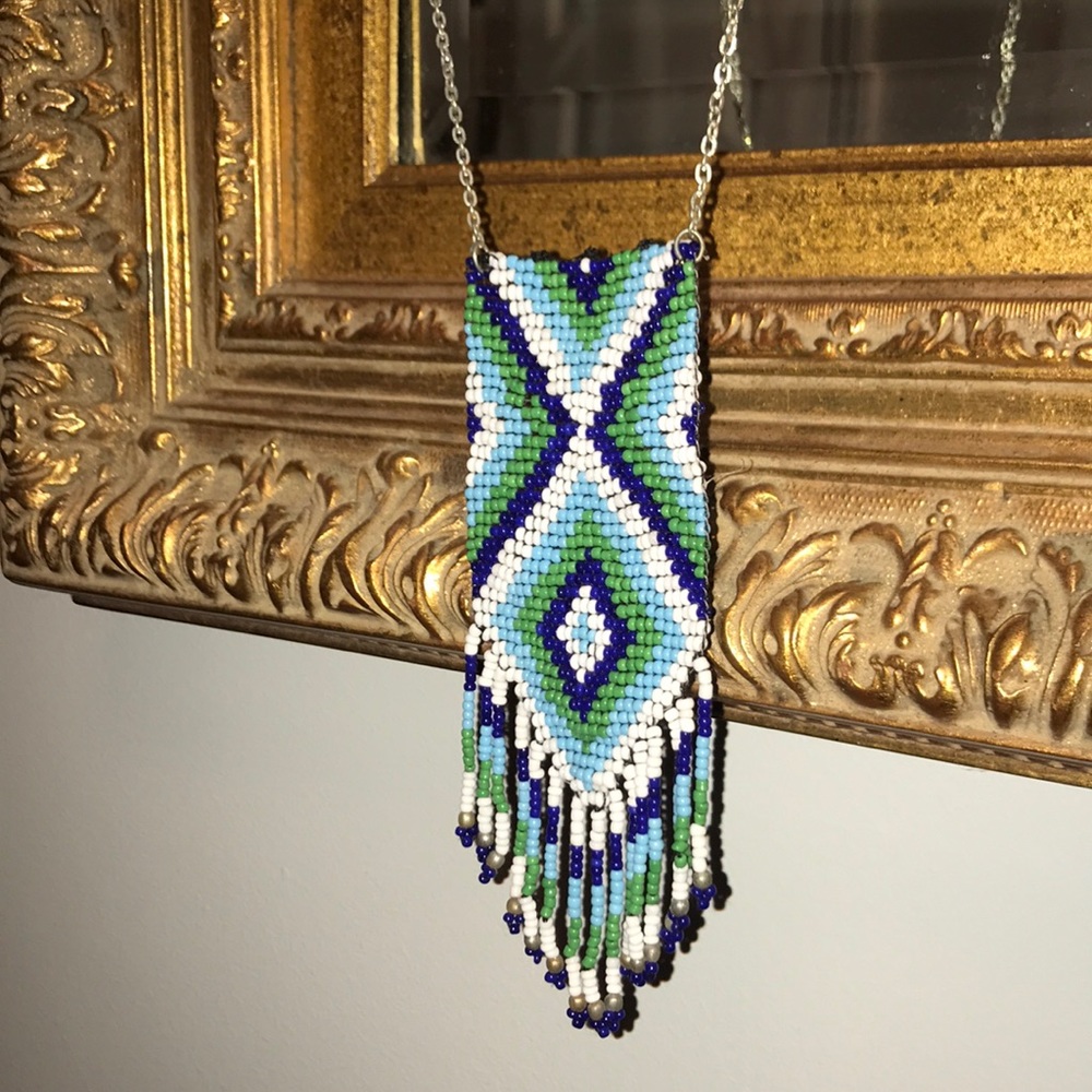 Hand beaded necklace w beaded fringe